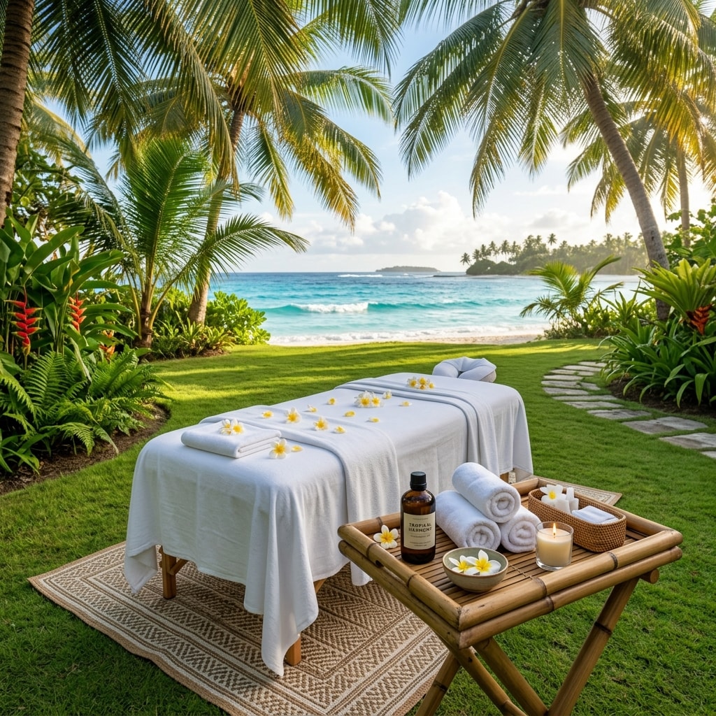 Outdoor massage table on lush tropical lawn