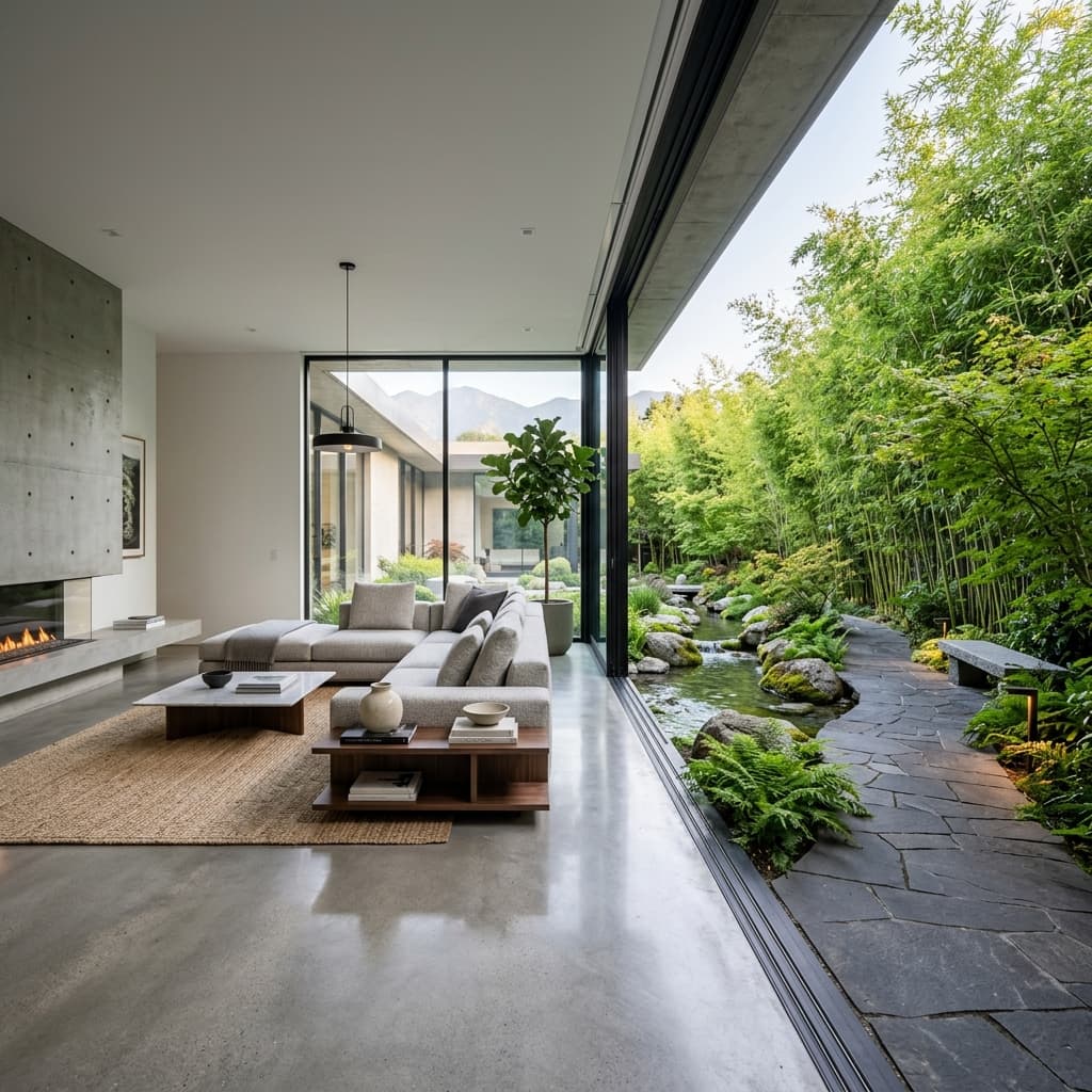 Modern lounge opening to a tranquil bamboo garden