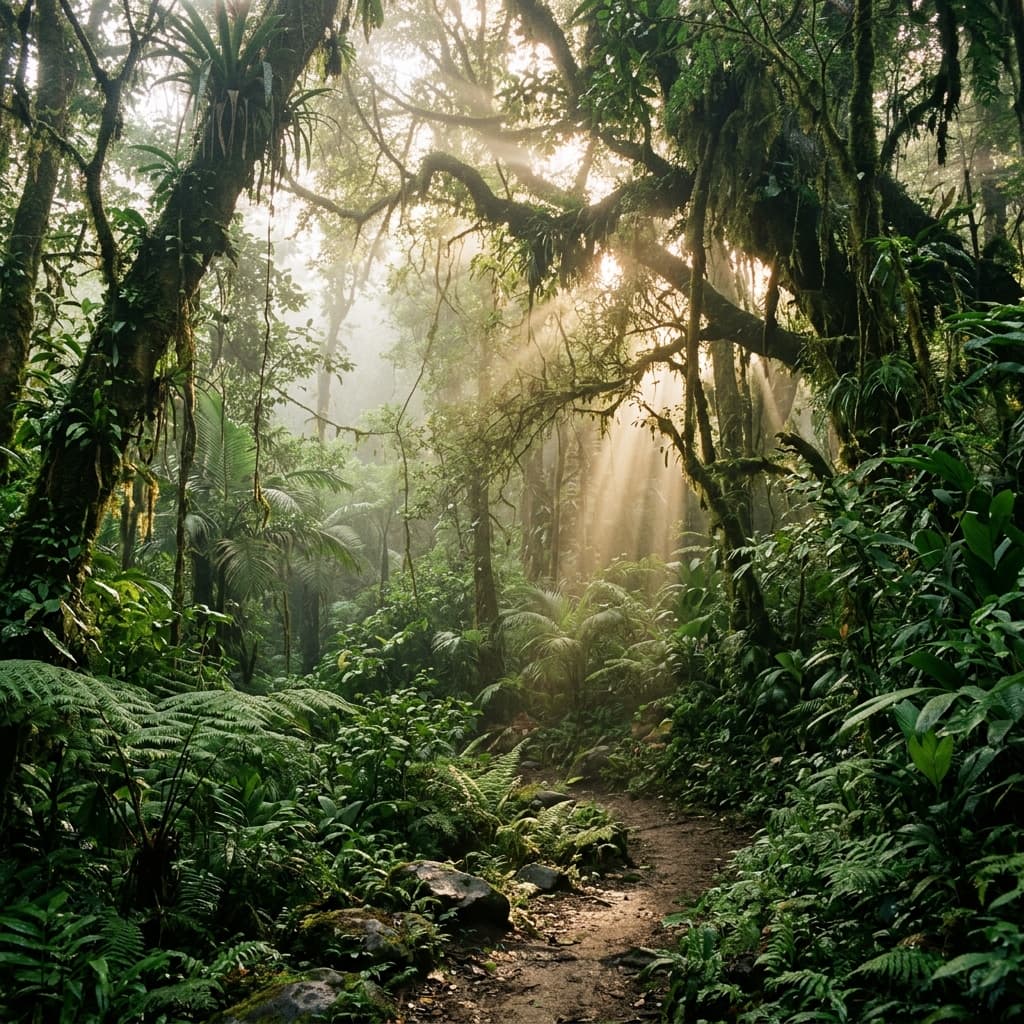 Lush tropical rainforest canopy with morning sun rays