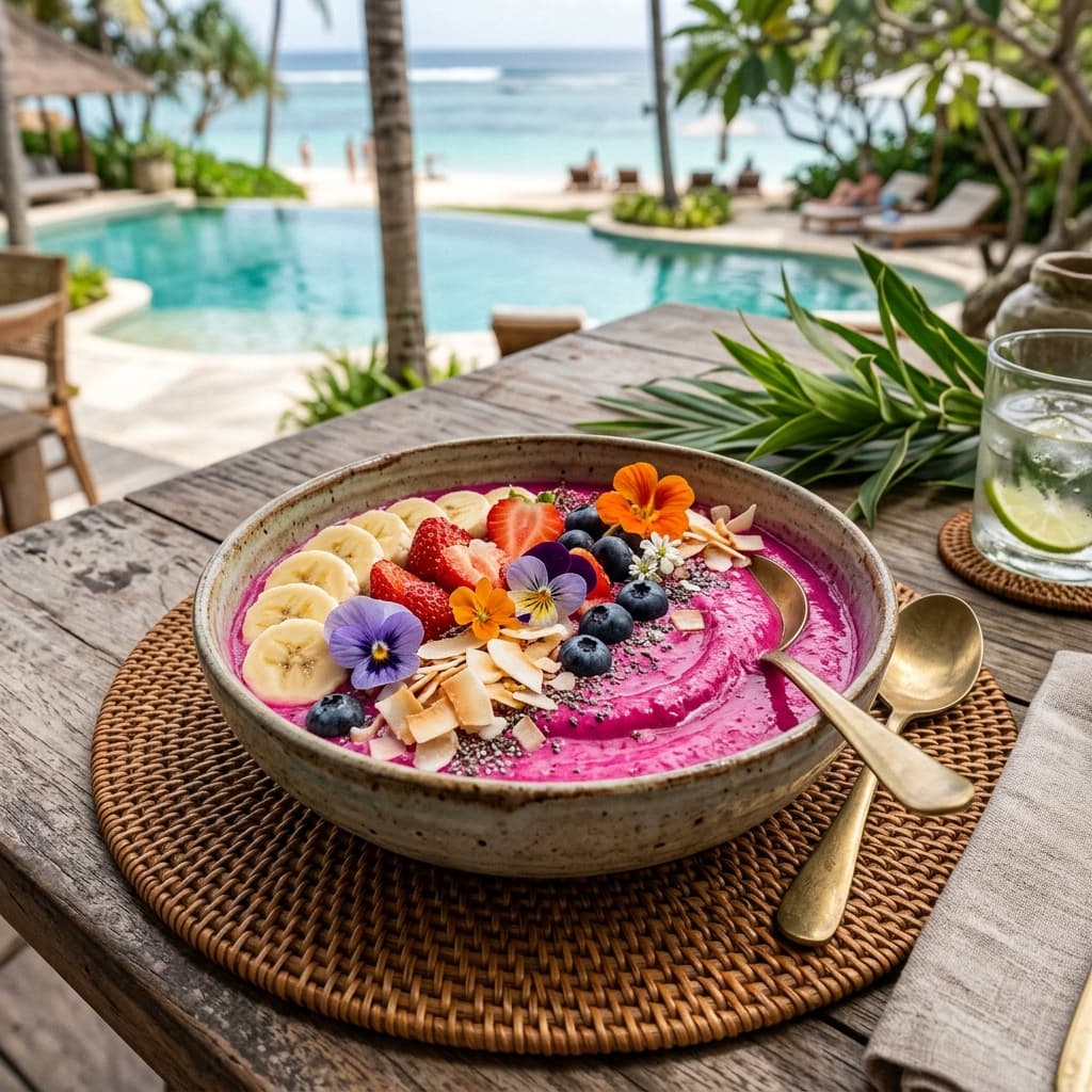 Tropical smoothie bowl on a resort table