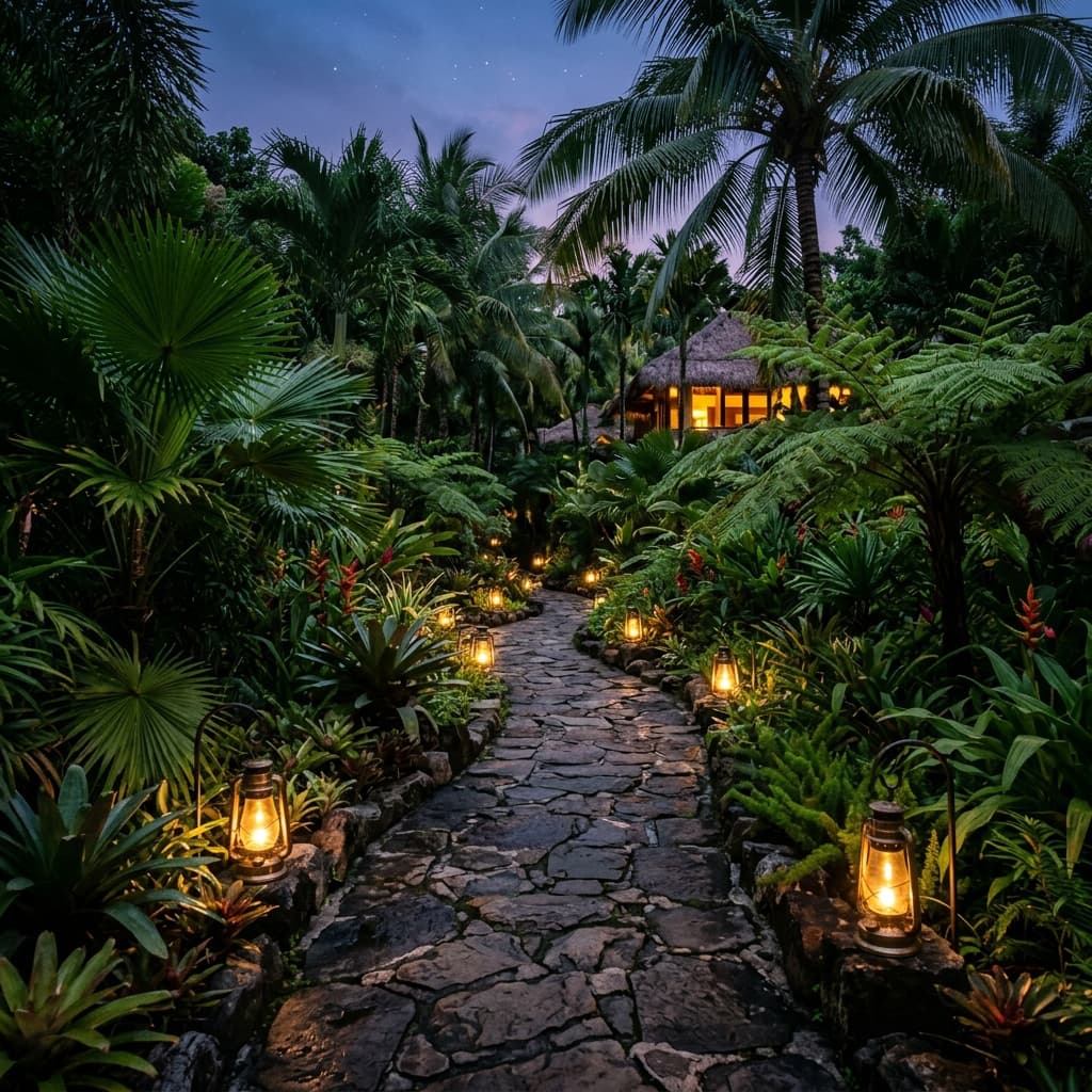 Lit stone pathway winding through lush gardens at dusk